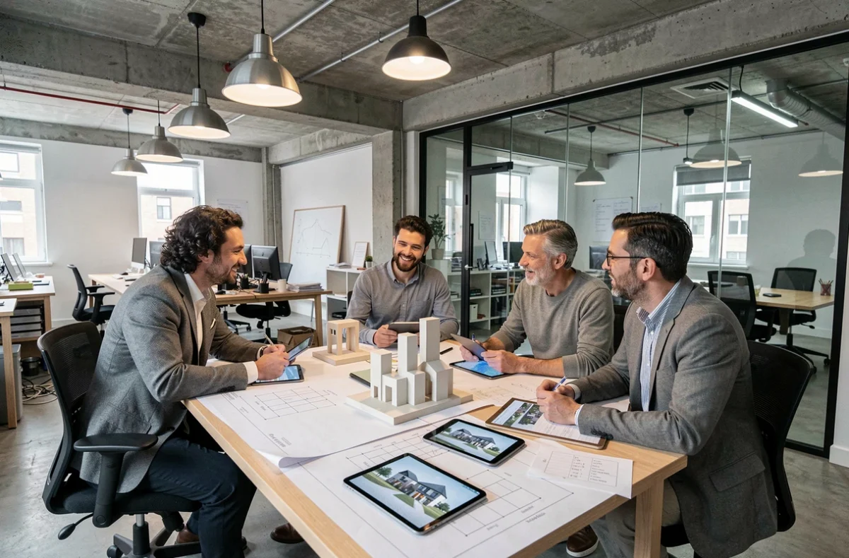 Équipe pluridisciplinaire d'Abciss Architectes en réunion de travail dans leur agence moderne