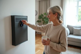 Femme réglant un accumulateur électrique à briques réfractaires dans un salon moderne