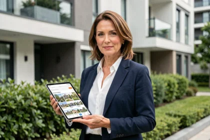 Agent immobilier professionnel présentant des annonces sur tablette devant un immeuble résidentiel moderne