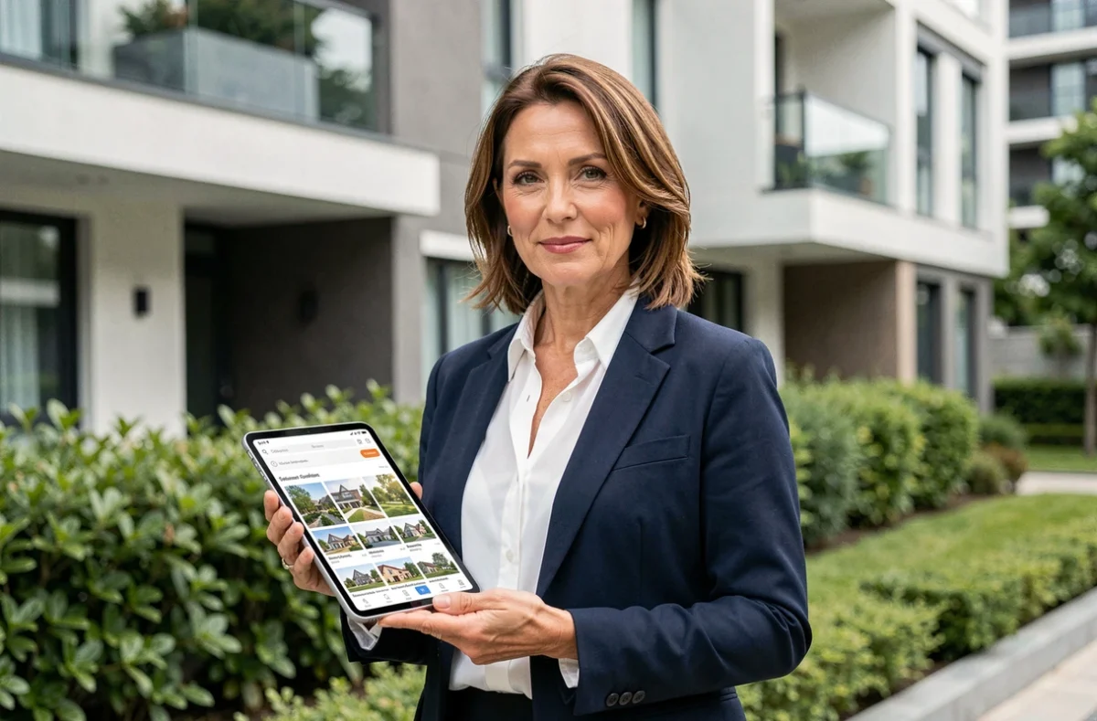 Agent immobilier professionnel présentant des annonces sur tablette devant un immeuble résidentiel moderne