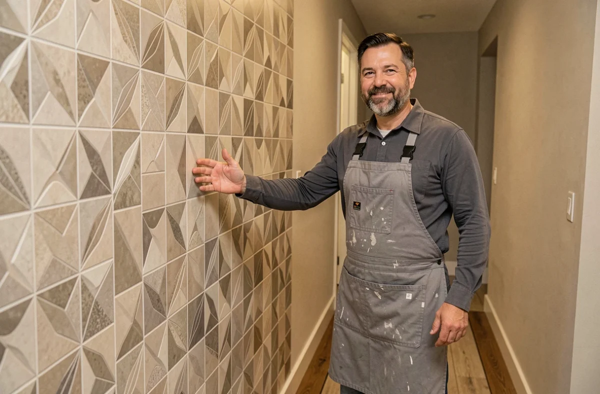 Carreleur Albrecht présentant un mur de carrelage décoratif terminé dans un couloir résidentiel