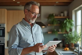 Architecte examine une tablette avec rapport énergétique