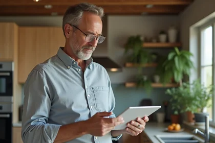Architecte examine une tablette avec rapport énergétique