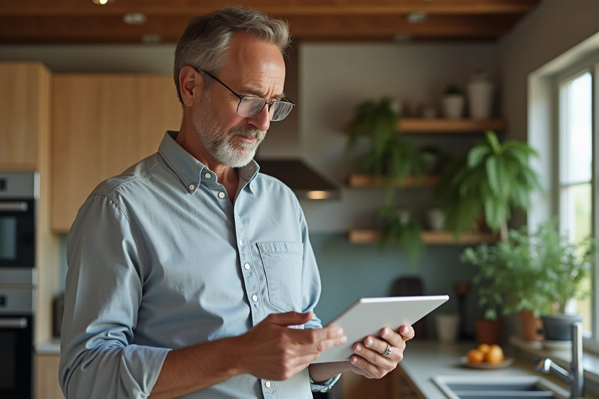 Architecte examine une tablette avec rapport énergétique