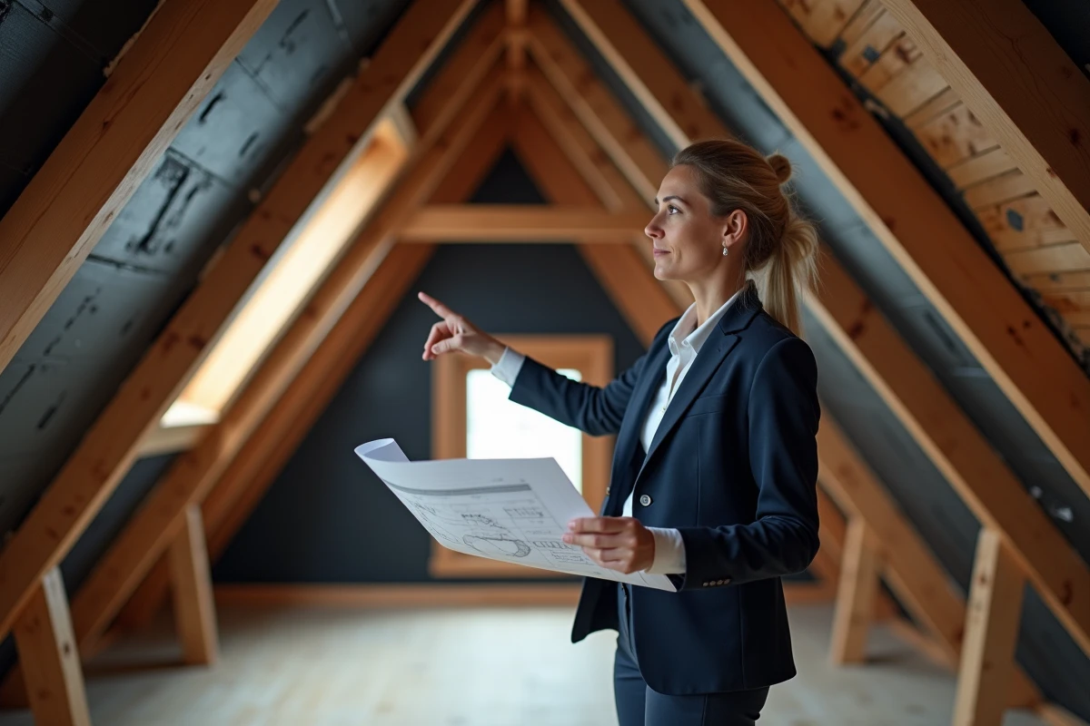 Architecte inspectant une toiture de combles entièrement isolée avec des panneaux TRISO Noir fixés sur les chevrons en bois