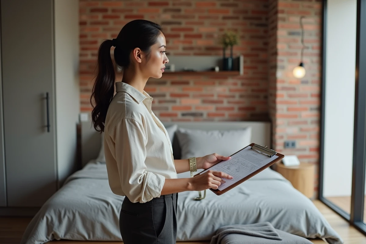 Architecte d'intérieur mesurant une petite chambre d'ami dans une maison rénovée avec plan au sol et mètre ruban