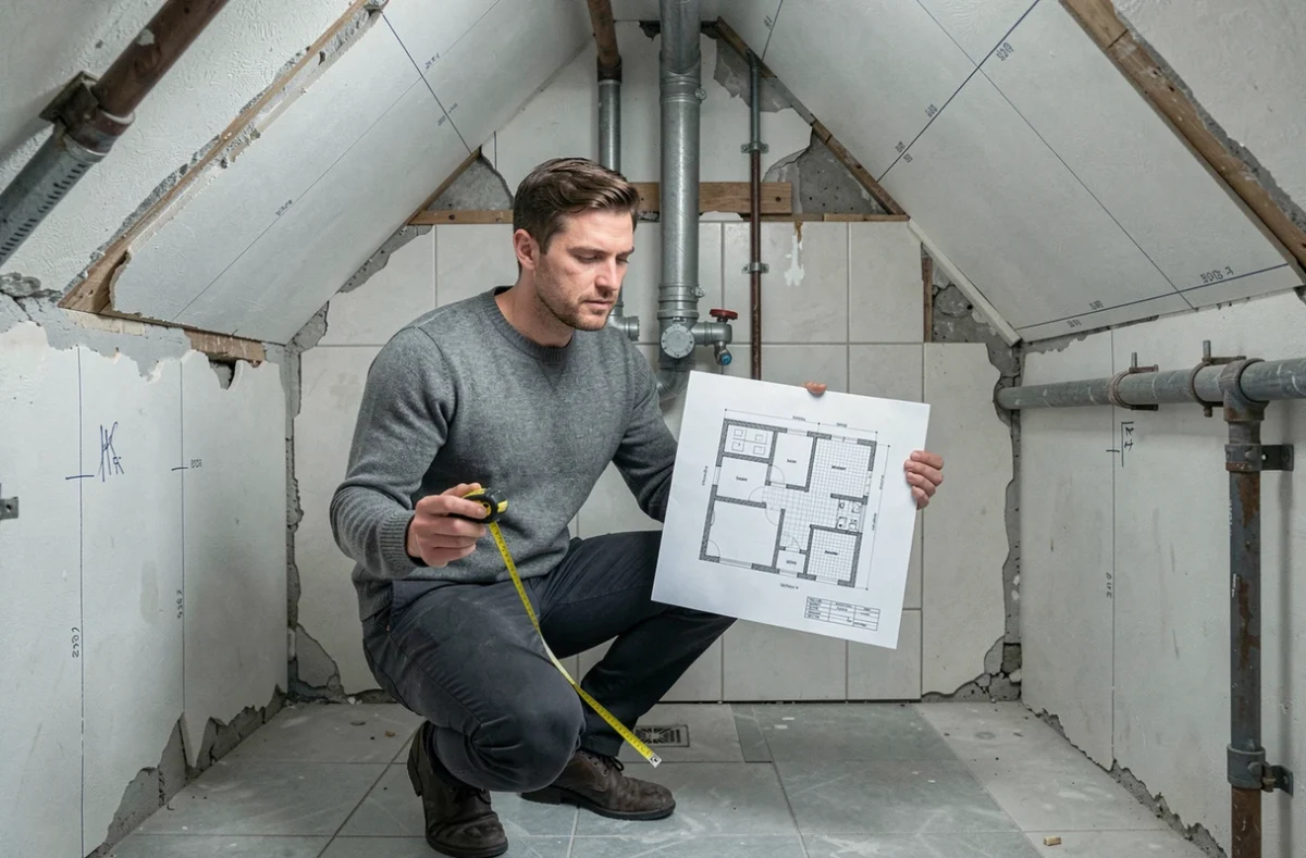 Architecte mesurant une salle de bain aux murs irréguliers lors d'une rénovation en comparant un plan 3D