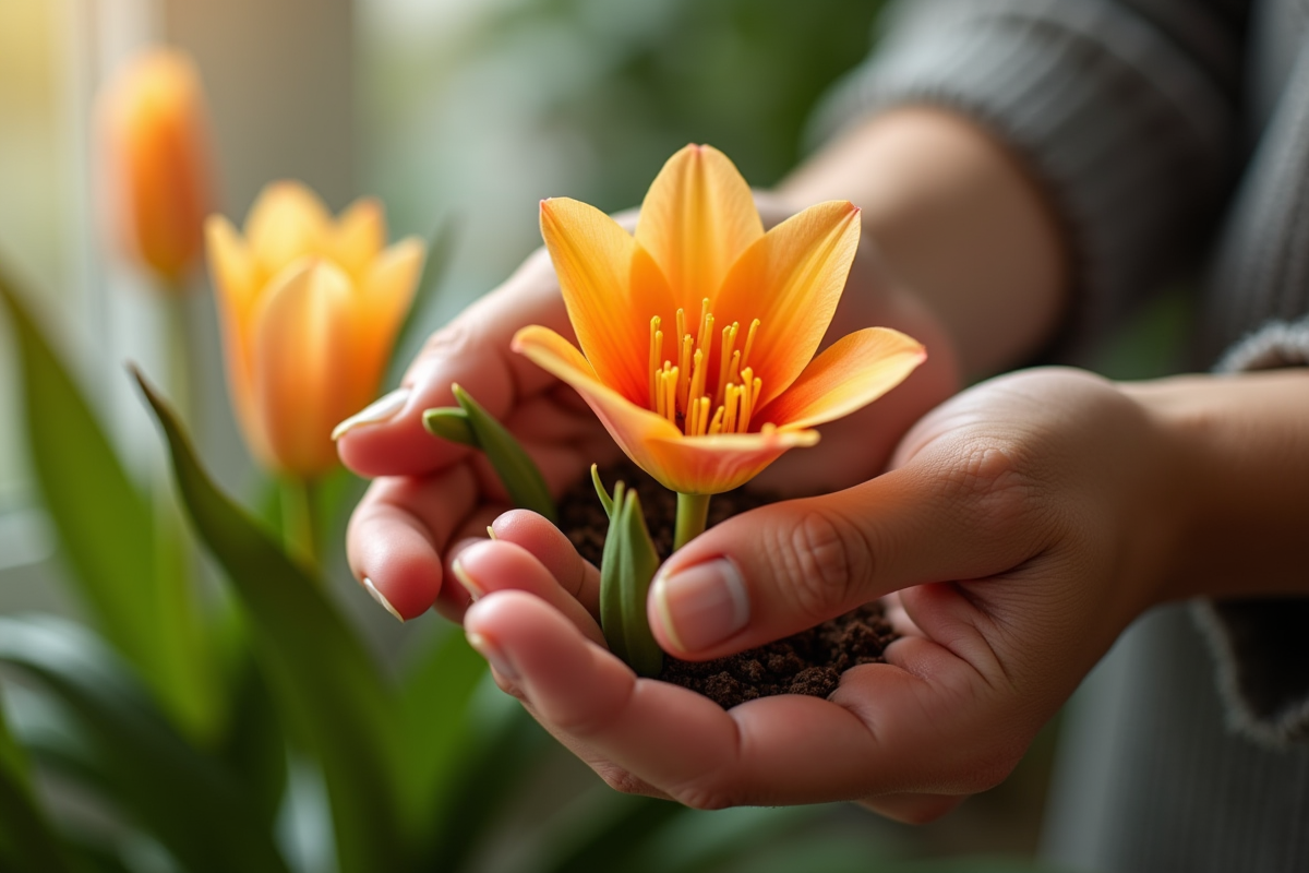 Mains arrosant doucement une fleur en forme de V avec terre humide