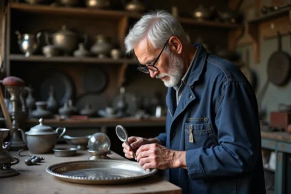 Artisan argentier examinant un plateau en argent vieilli