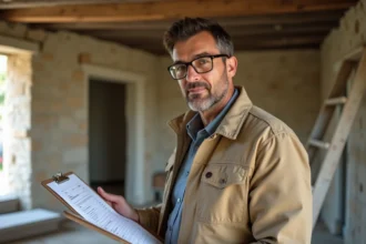 Artisan rénovateur consultant un devis sur un chantier de rénovation à Montpellier, murs en pierre apparente et outils de travail visibles