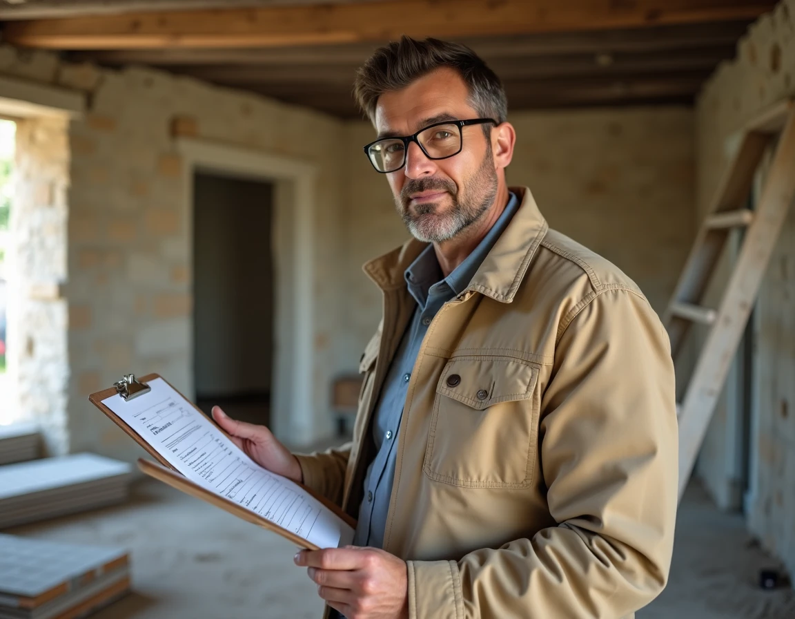 Artisan rénovateur consultant un devis sur un chantier de rénovation à Montpellier, murs en pierre apparente et outils de travail visibles