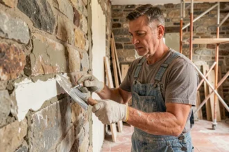 Artisan appliquant un joint à la chaux sur un mur en pierre intérieur avec une truelle à jointoyer