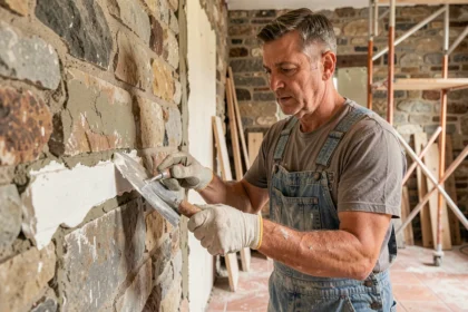 Artisan appliquant un joint à la chaux sur un mur en pierre intérieur avec une truelle à jointoyer