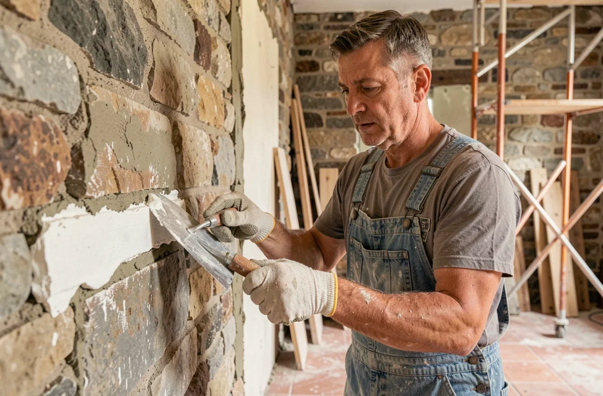 Artisan appliquant un joint à la chaux sur un mur en pierre intérieur avec une truelle à jointoyer