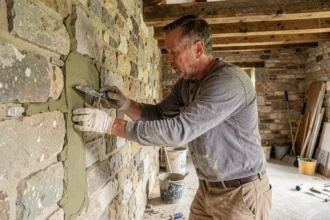 Artisan appliquant un joint chaux sable sur mur en pierre intérieur avec une truelle à jointoyer