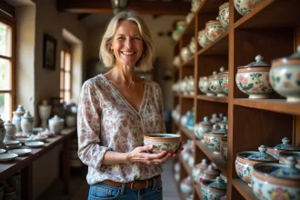 Femme alsacienne souriante examine une céramique peinte à la main dans une boutique