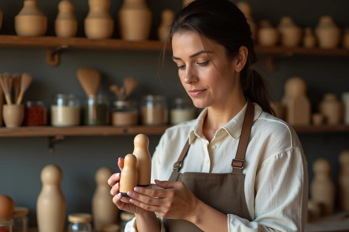 Femme artisane inspectant la qualité de la jointure d'une poupée matriochka en bois dans un atelier artisanal russe traditionnel