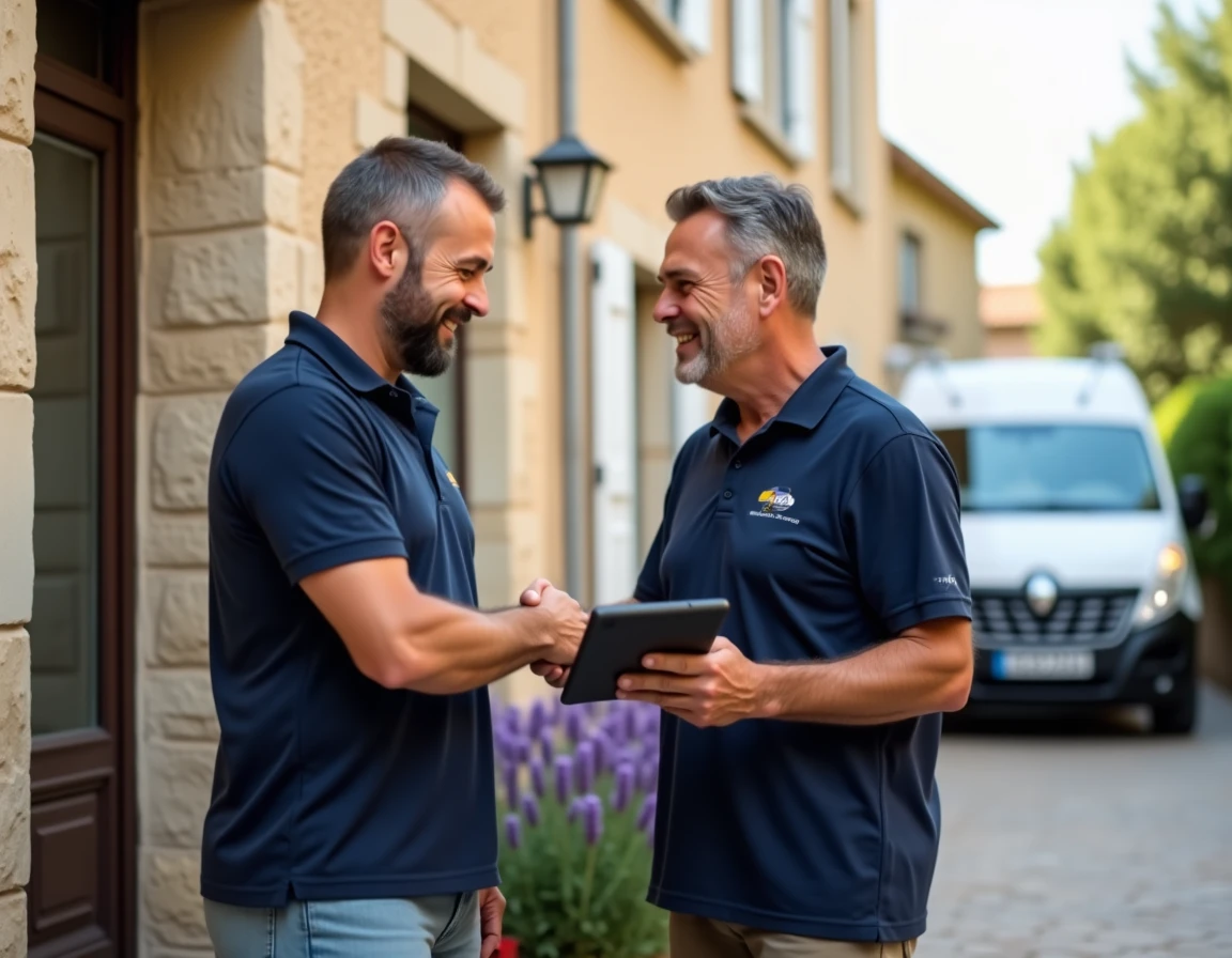 Deux artisans rénovateurs devant une façade rénovée à Montpellier se serrant la main après validation d'un devis sécurisé