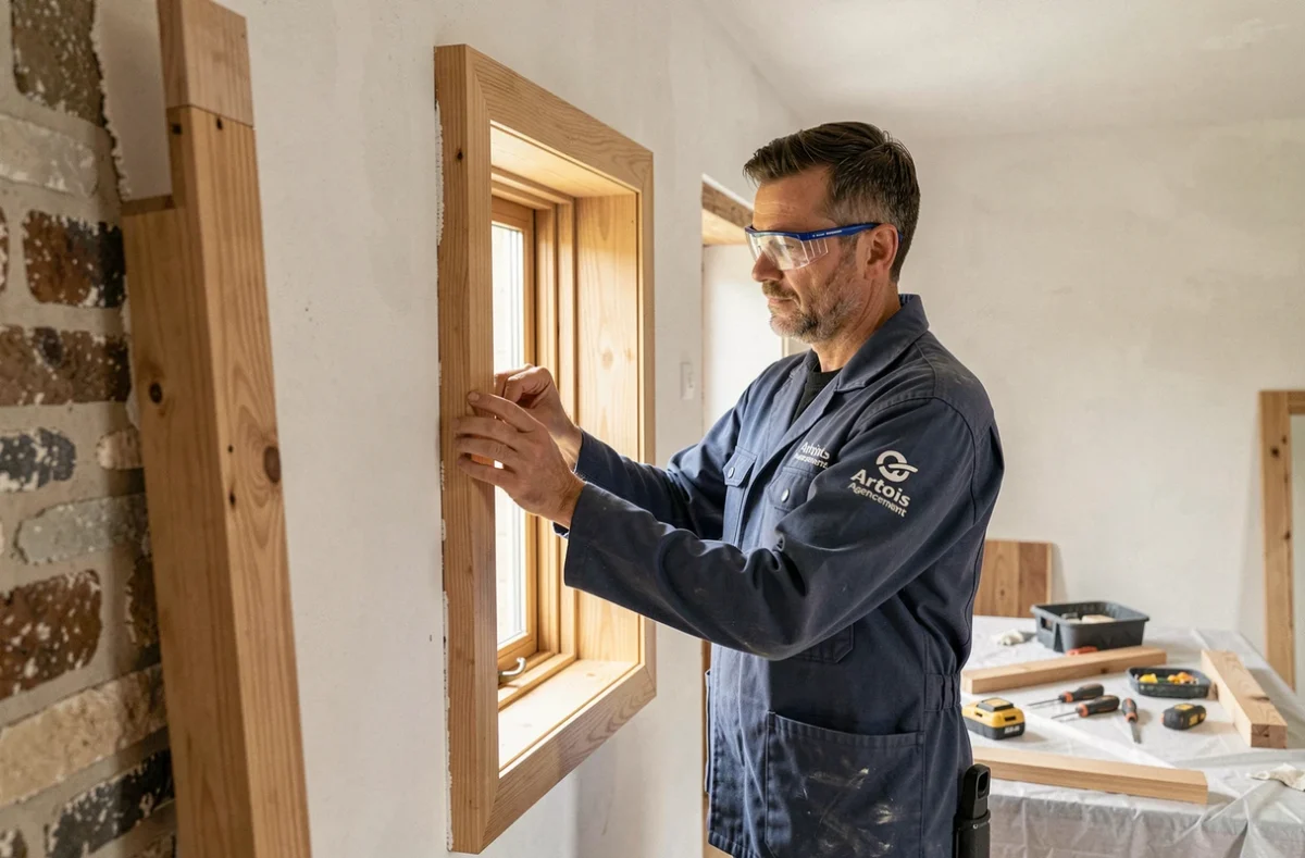 Artisan Artois Agencement posant un châssis de fenêtre en chêne dans une maison de ville rénovée dans le nord de la France