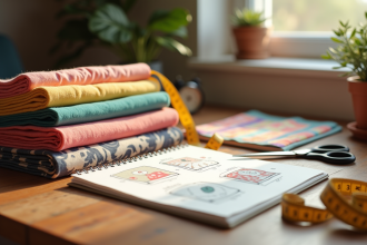 Espace de couture avec rouleaux de tissu et carnet de croquis