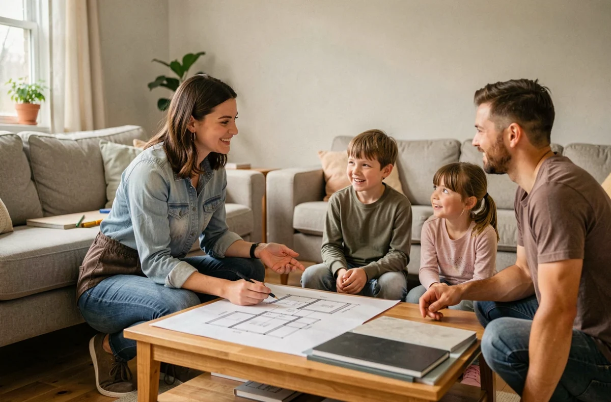 Architecte de l'Atelier Petit Architectes en consultation avec une famille dans un intérieur chaleureux