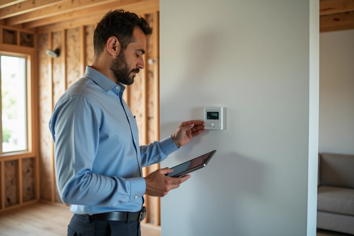 Auditeur énergétique examinant un thermostat mural dans une maison moderne lors d'un audit énergétique résidentiel