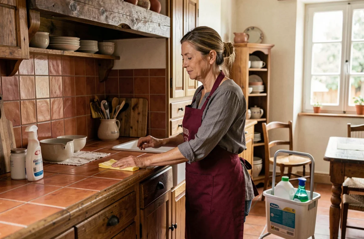 Aide ménagère Azaé en tablier bordeaux essuyant le plan de travail d'une cuisine conviviale à Bordeaux