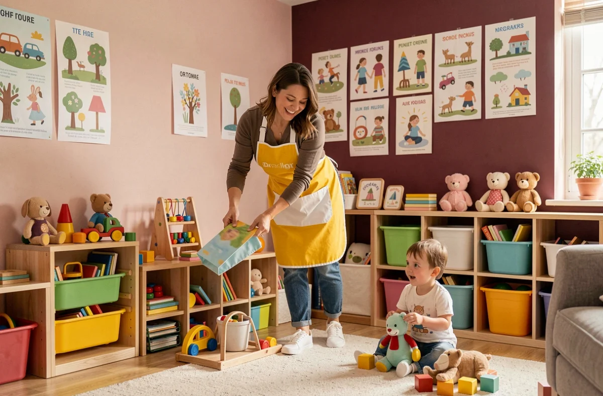 Professionnelle Babychou Services en tablier jaune rangeant une salle de jeux colorée pendant qu'un enfant joue à proximité dans une maison bordelaise