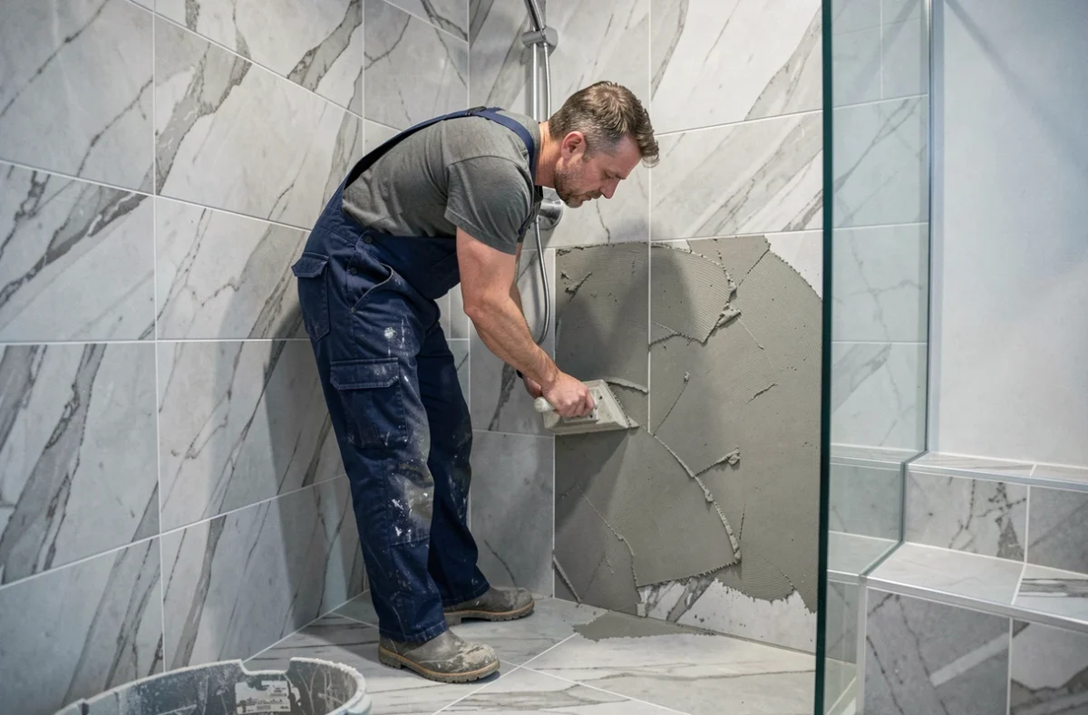 Installateur de Bains et Carrelages Thionville réalisant le jointoiement d'une douche à l'italienne haut de gamme