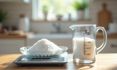 Balance de cuisine avec sucre blanc de 300g en gros plan