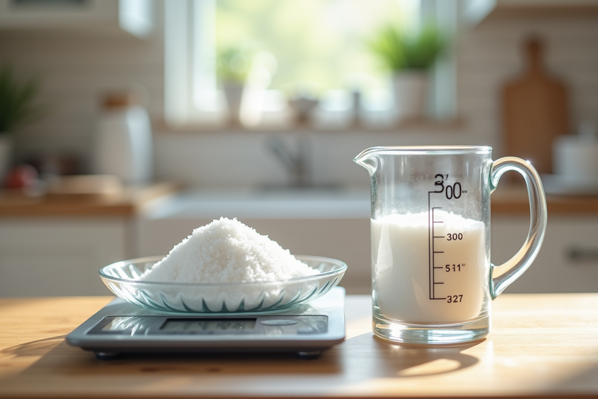 Balance de cuisine avec sucre blanc de 300g en gros plan