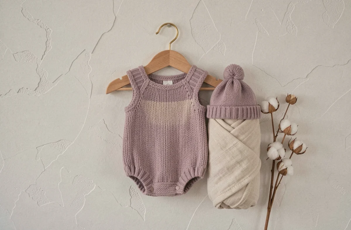 Barboteuse et bonnet tricotés en bebecolor lavande suspendus sur un cintre en bois contre un mur blanc texturé, style éditorial layette