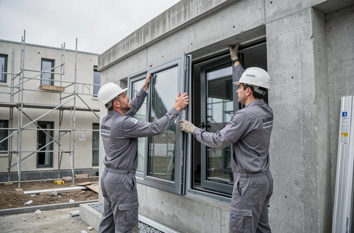 Deux techniciens Bauwens Fermetures installant une grande fenêtre en aluminium sur un chantier résidentiel dans le nord de la France