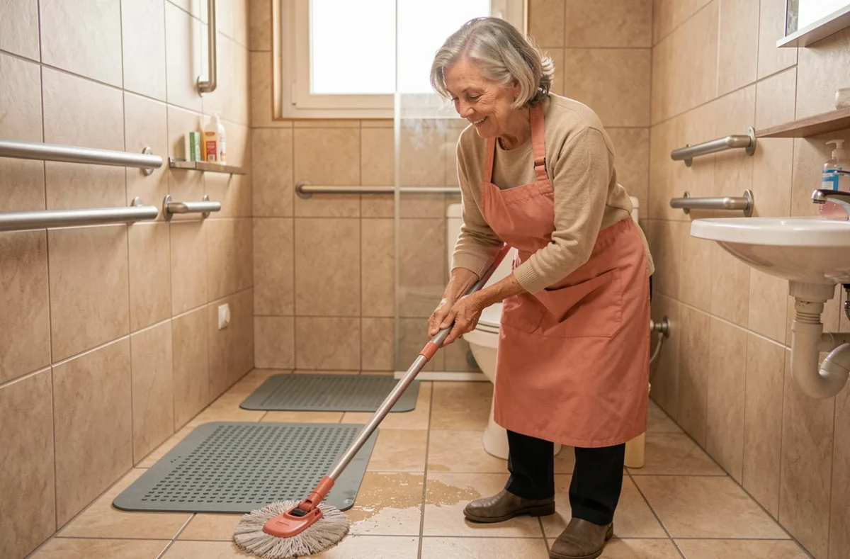 Aide à domicile Bien à la Maison en tablier corail nettoyant la salle de bain d'un logement adapté aux seniors à Bordeaux