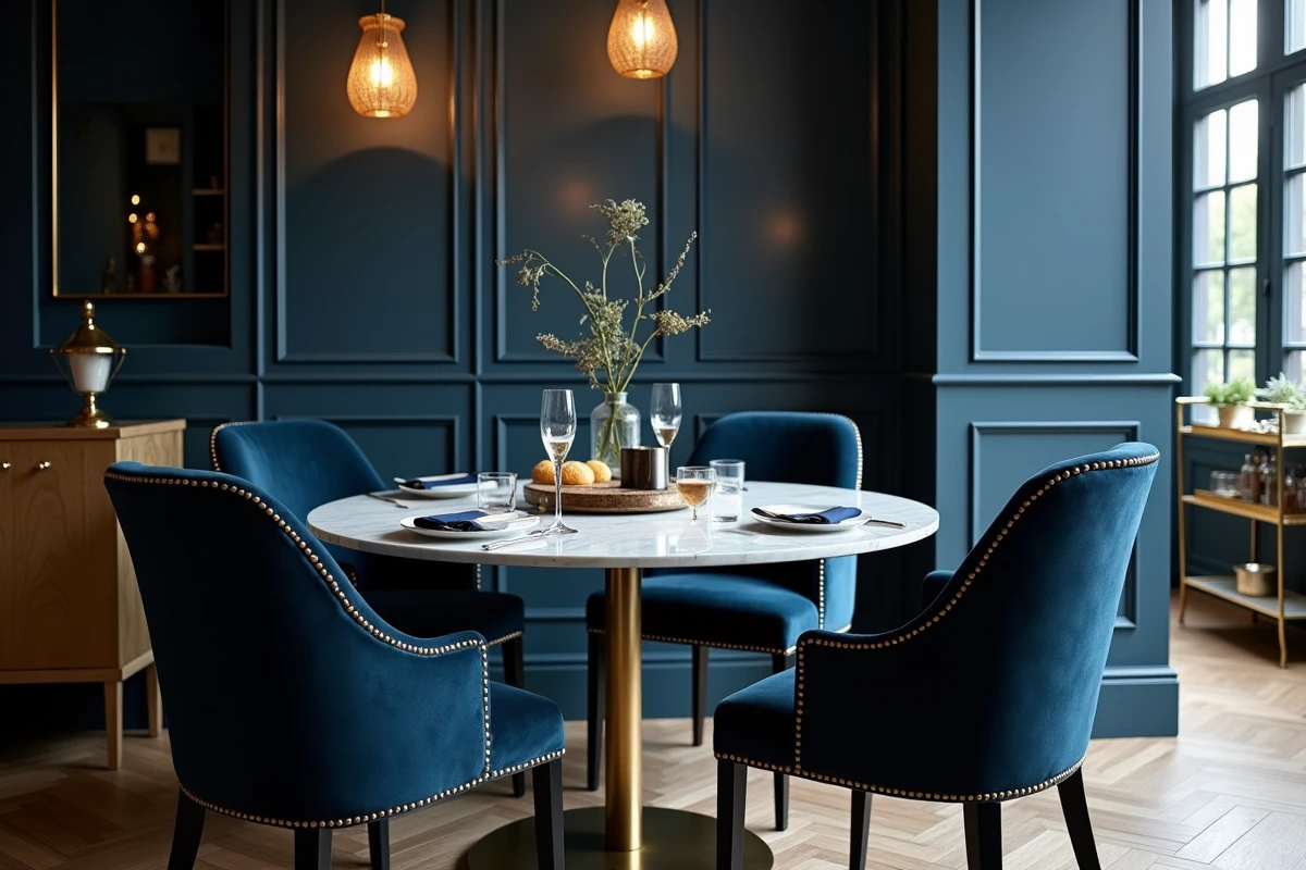 Salle à manger brasserie contemporaine avec murs bleu nuit et accessoires en laiton doré