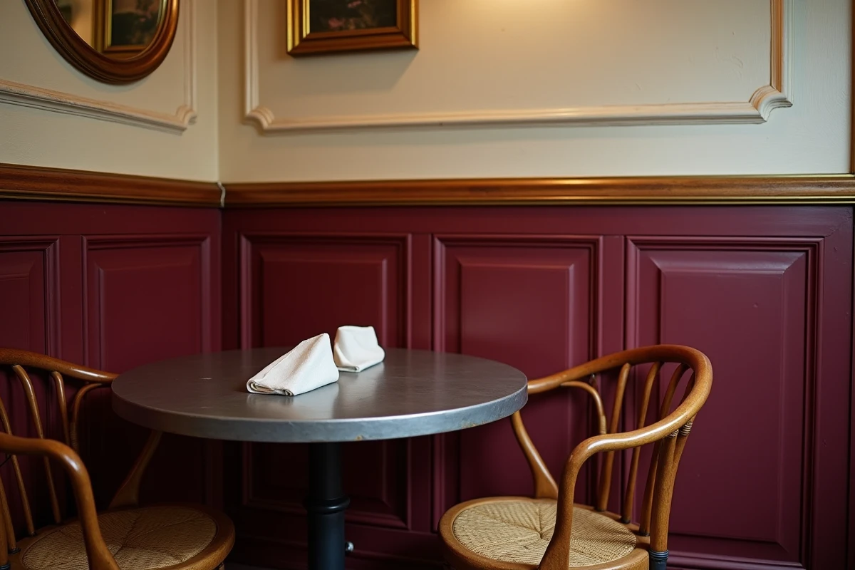 Soubassement en boiseries bordeaux dans une salle à manger bistrot avec table zinc et chaises en rotin