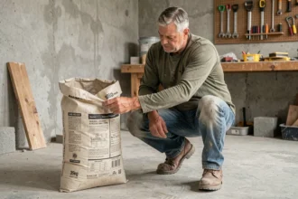 Bricoleur lisant l'étiquette d'un sac de ciment 35kg dans un atelier de garage pour calculer le volume de béton