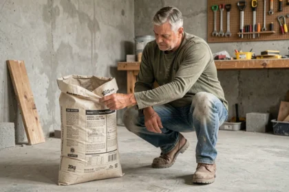 Bricoleur lisant l'étiquette d'un sac de ciment 35kg dans un atelier de garage pour calculer le volume de béton