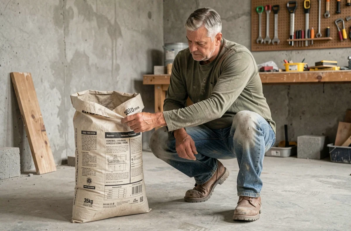 Bricoleur lisant l'étiquette d'un sac de ciment 35kg dans un atelier de garage pour calculer le volume de béton