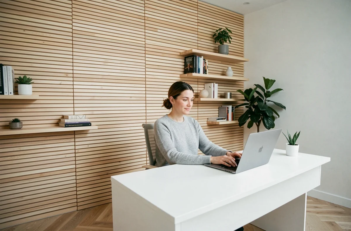 Bureau à domicile avec mur entier recouvert d'un panneau latte bois frêne clair sur mesure derrière une femme travaillant sur ordinateur