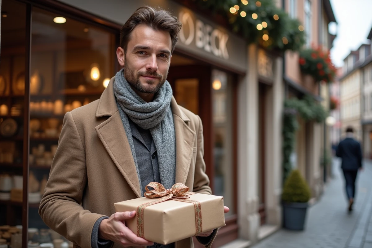 Jeune homme tenant un cadeau en céramique devant la boutique