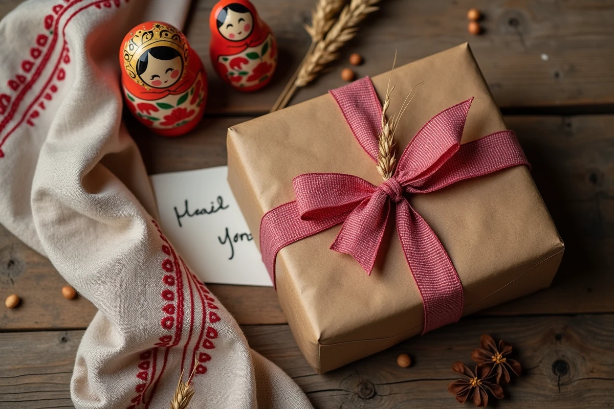 Coffret cadeau de poupée matriochka emballé dans du papier kraft avec un ruban rouge, posé sur une surface en bois rustique accompagné d'une carte manuscrite et d'un tissu brodé traditionnel