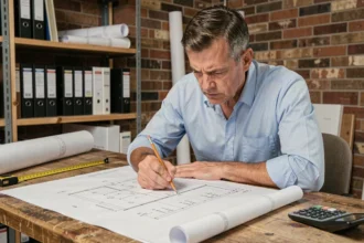 Architecte calculant des volumes en mètres cubes sur un plan de construction avec une calculatrice et un crayon