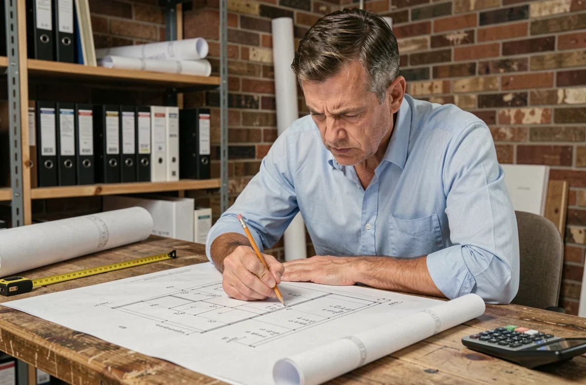 Architecte calculant des volumes en mètres cubes sur un plan de construction avec une calculatrice et un crayon