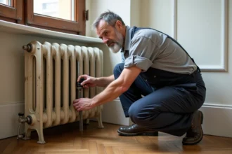 Plombier mesurant un radiateur en fonte ancien dans un appartement haussmannien pour calculer la puissance de chauffage