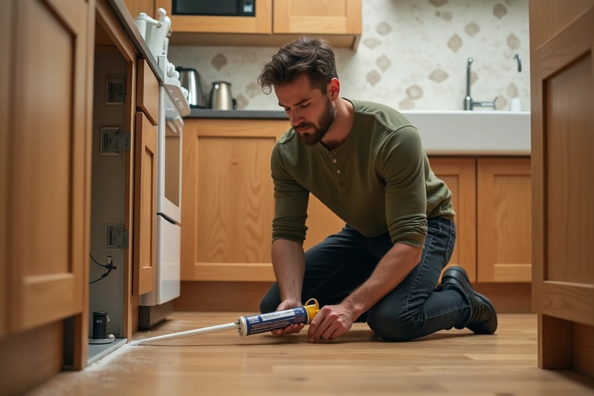 Homme calfeutrant les fissures de la cuisine pour bloquer l'entrée des centipèdes dans la maison