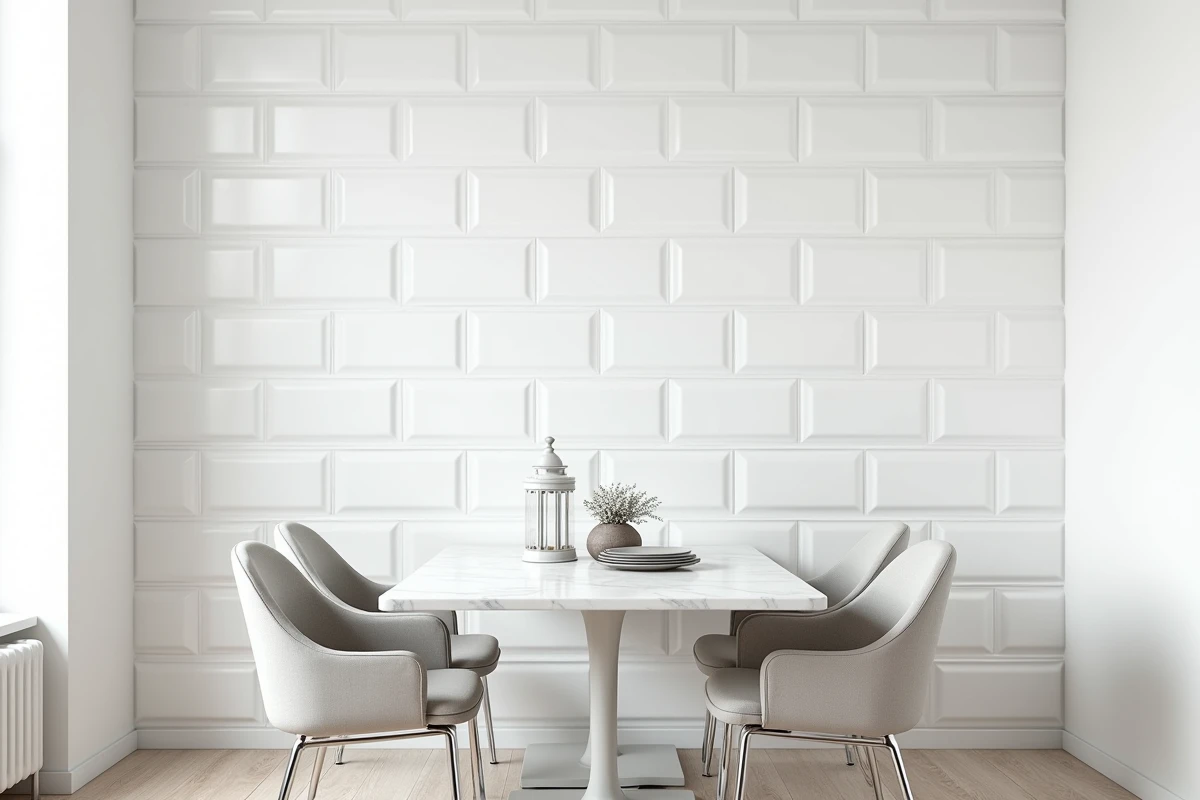 Mur de carrelage grand format en blanc biseauté dans une salle à manger style bistrot lumineux