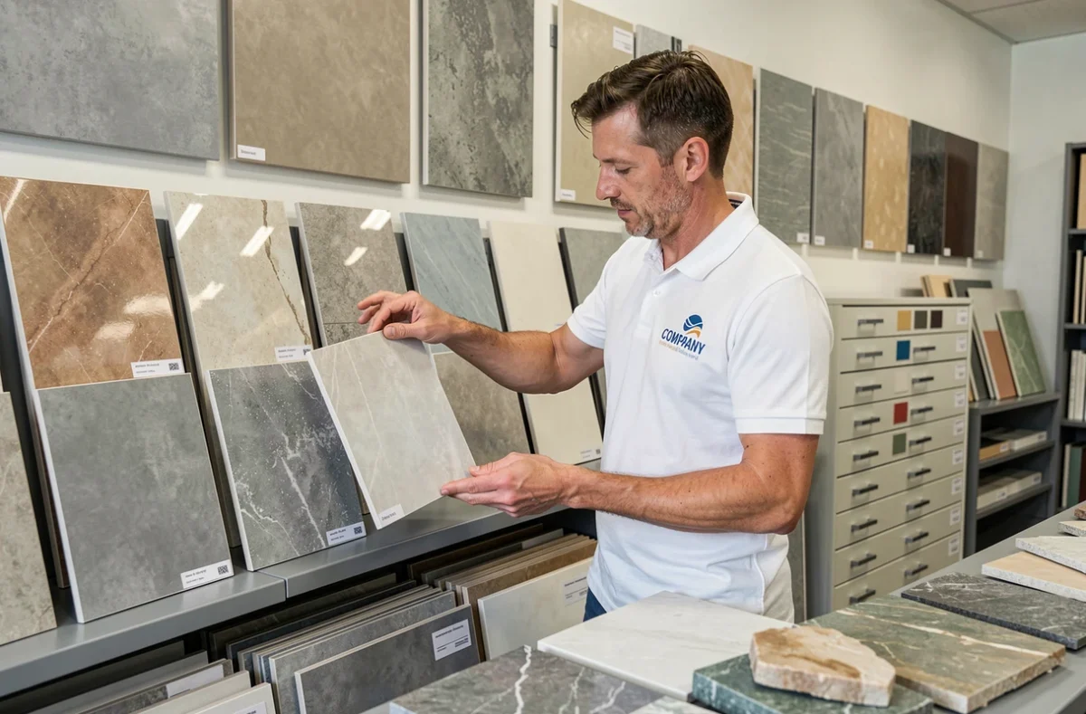 Spécialiste du Carrelage Schmitt à Sarreguemines présentant des échantillons de carrelage mural dans son showroom