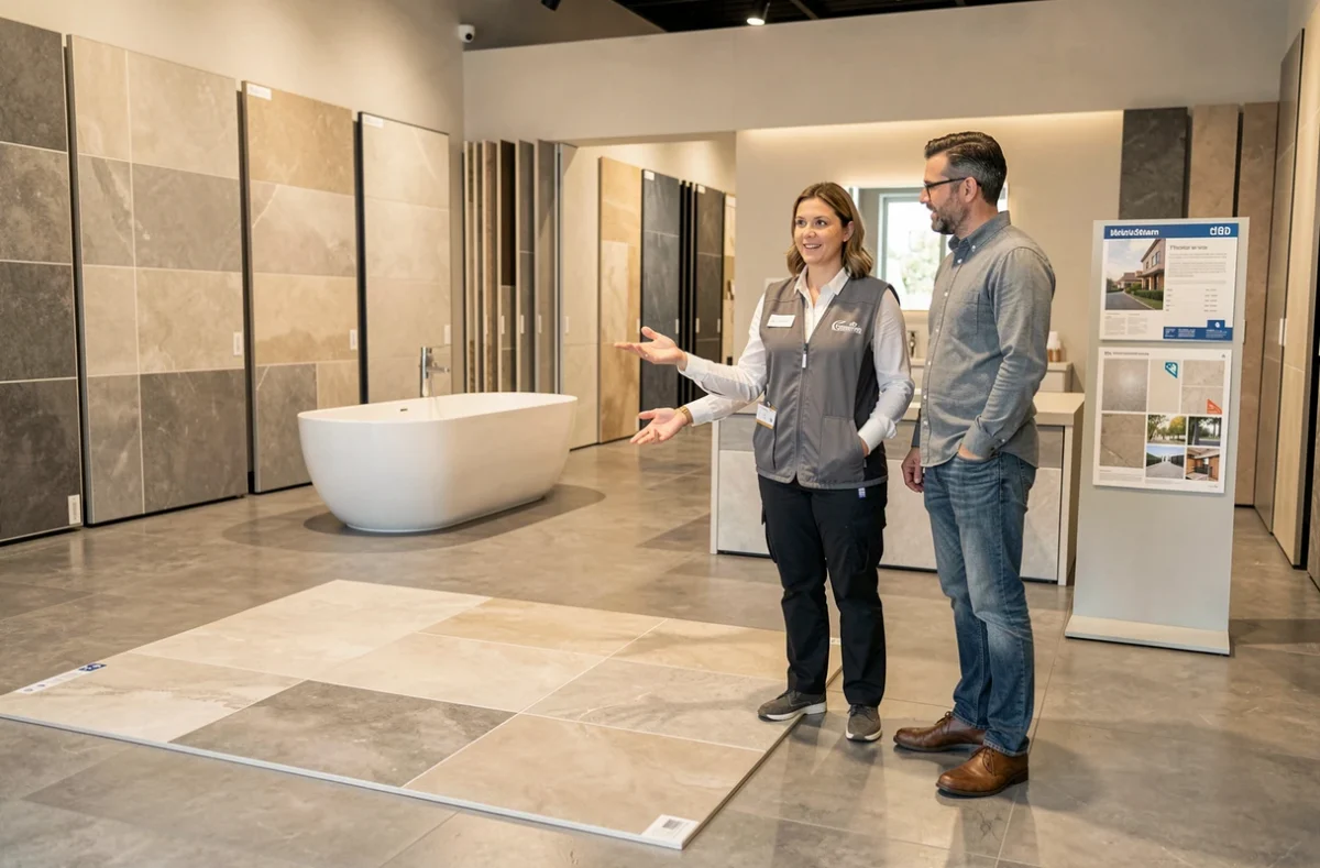 Conseillère de Carrelage Weber à Thionville guidant des clients dans le choix de carrelage grand format