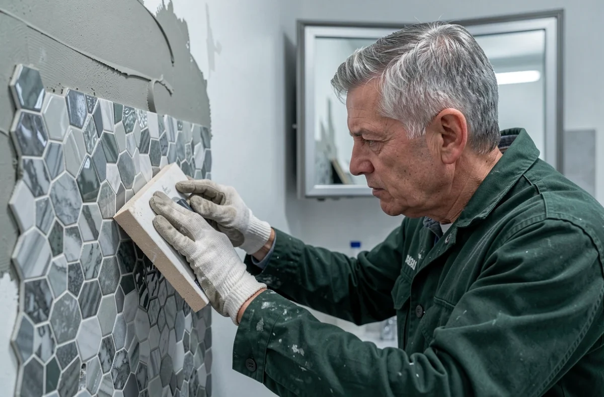 Artisan des Carrelages Muller à Metz posant une mosaïque hexagonale sur un mur de salle de bain